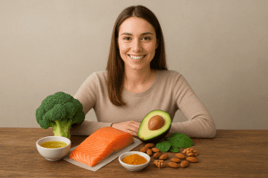 Alimentos antiinflamatorios naturales como salmón, aguacate, brócoli, cúrcuma, nueces y aceite de oliva sobre fondo de madera.