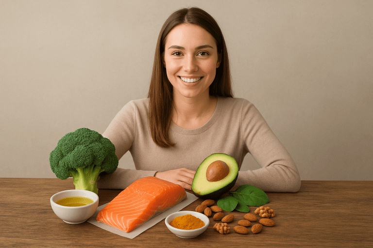 Alimentos antiinflamatorios naturales como salmón, aguacate, brócoli, cúrcuma, nueces y aceite de oliva sobre fondo de madera.