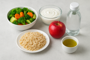 Alimentos saludables para mejorar la digestión como verduras al vapor, arroz integral, yogur, manzana, aceite de oliva y agua