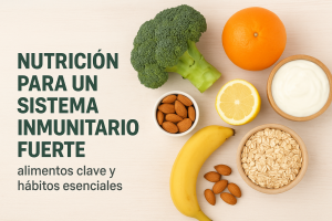 Alimentos que fortalecen el sistema inmunitario como brócoli, naranja, yogur, almendras, plátano, limón y avena sobre fondo claro.
