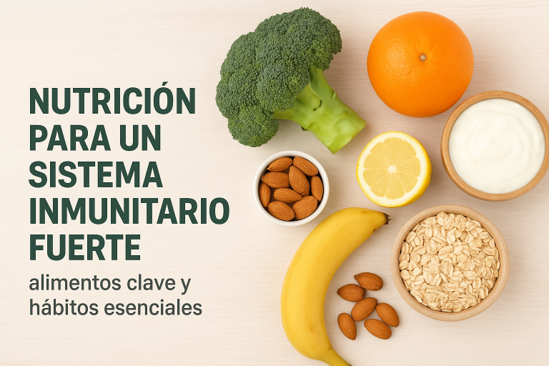 Alimentos que fortalecen el sistema inmunitario como brócoli, naranja, yogur, almendras, plátano, limón y avena sobre fondo claro.